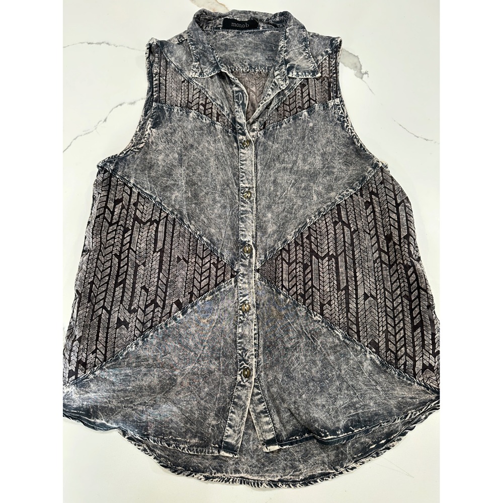 Mono B Womens Grey Acid Wash‎ Sleeveless Button Down Mesh Panel Top Size Small
